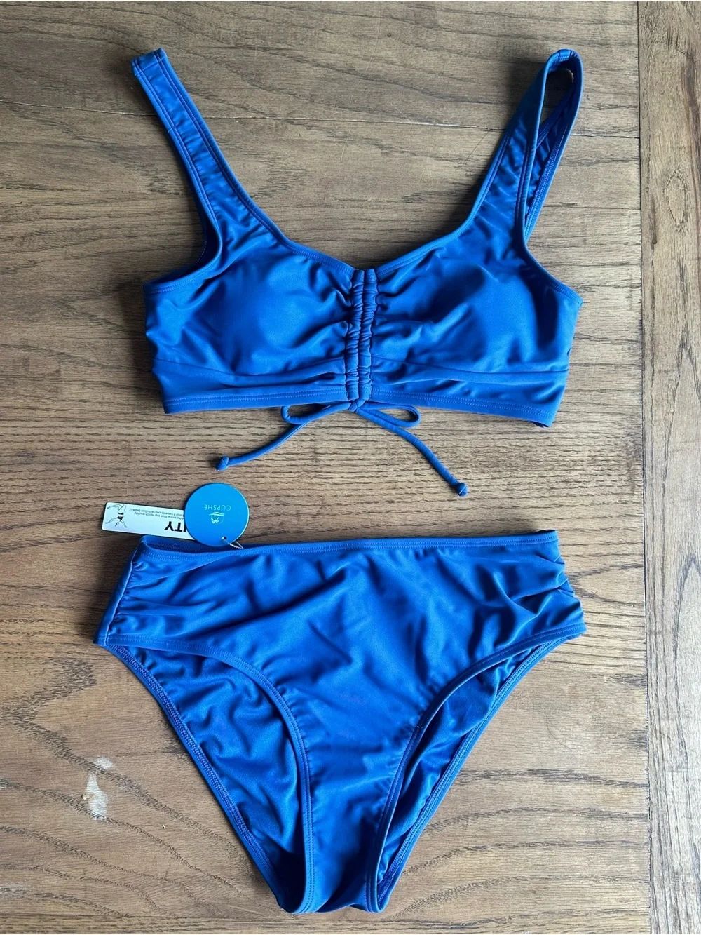 NWT Cupshe Ruched Drawstring Cutout Bikini & Mid Rise Set Size Small Blue